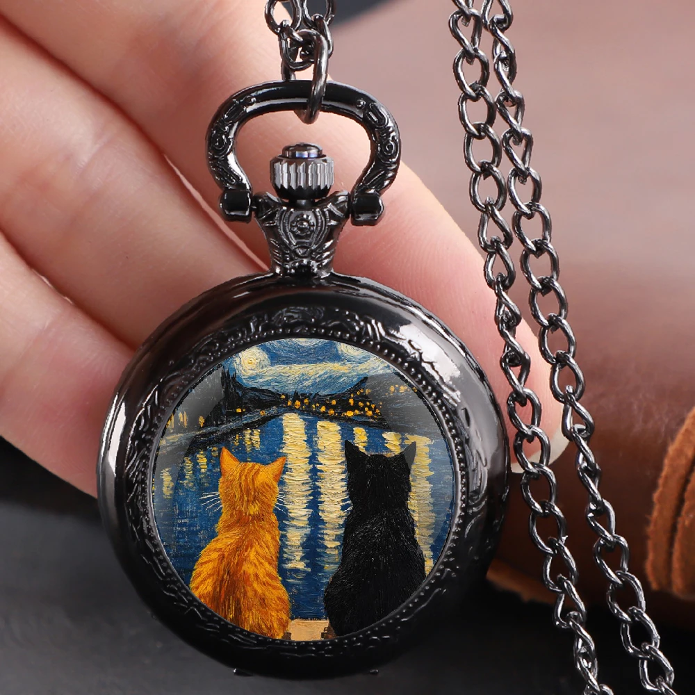 Vintage Quartz Pocket Watch Starry Sky Cat Design Clock Chain Jewelry Pendant Clock Birthday Gift for Women Men Pocket Watches