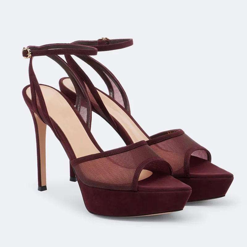 Mesh Transparent Suede Pathwork Sandals Sexy Pointed Toe Thin Heel Shingback Custaomized New Arrivals Fashion Women Modern Shoes