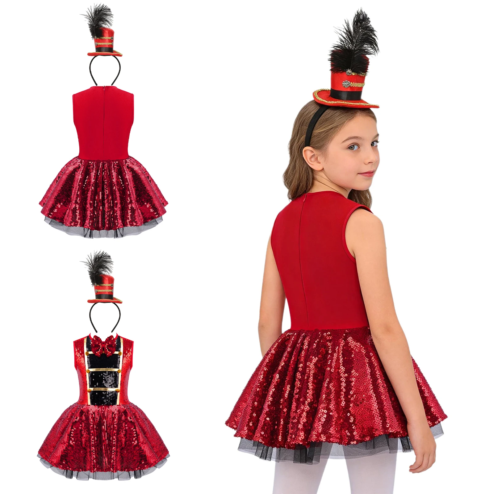 

Girls Circus Ringmaster Costume Sleeveless Sequin Leotard Tutu Dress with Feather Mini Top Hat Halloween Carnival Fancy Party