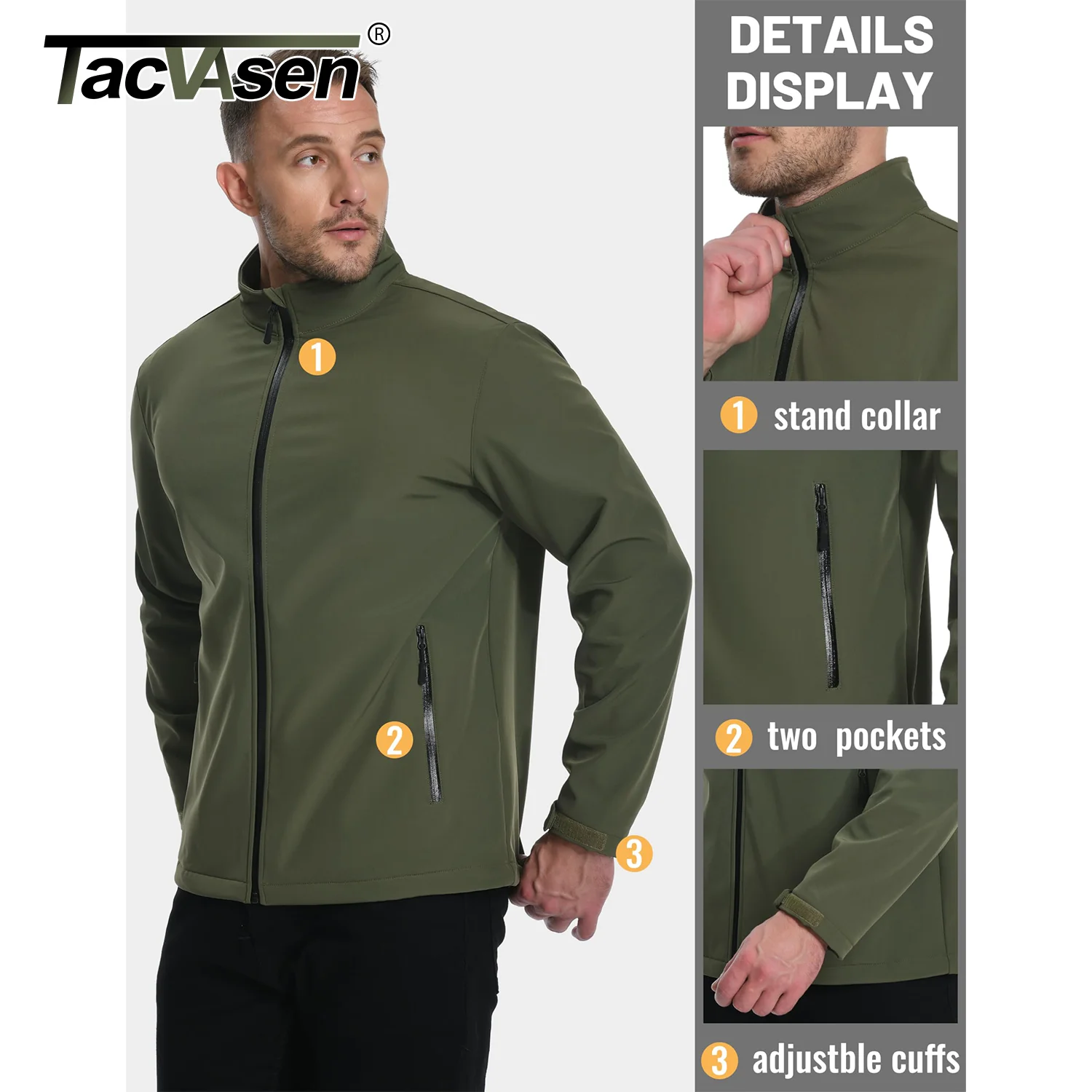 TACVASEN Full Zip Fleece Work Jacket Mens Waterproof Softshell Jacket Zip Pockets Outdoor Windproof Hiking Jacket Windbreaker