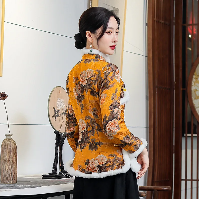 New Jacquard Fragrant Cloud Yarn Rabbit Fur Quilted to Keep Warm Improved Cheongsam Qipao Women's Dress Top Suit