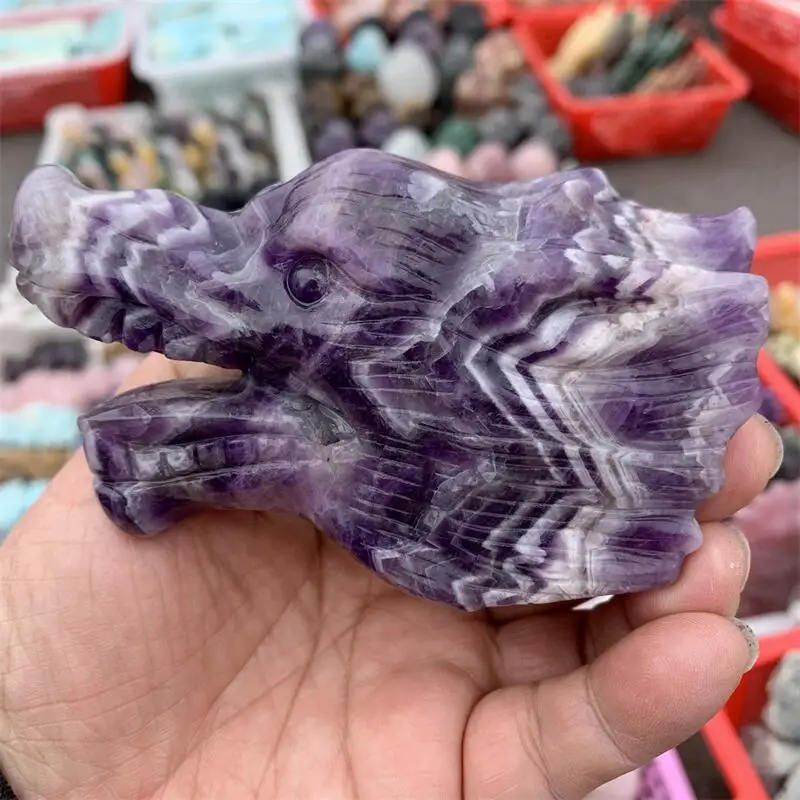 Natural Dream Amethyst Wolf Head Carving Crystal Powerful Animal Carving Handicrafts Accessories Christmas Present 1pcs