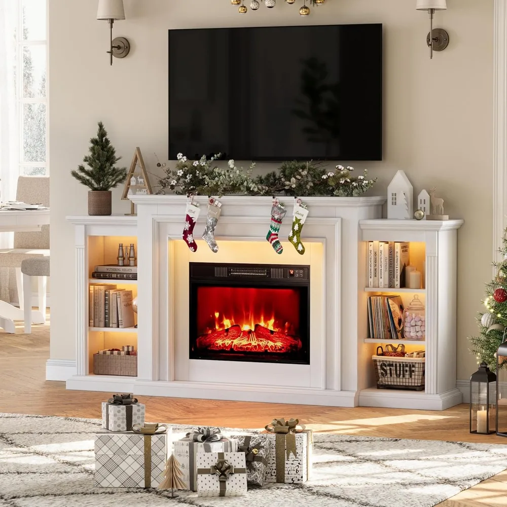 

72 LED Lights Electric Fireplace with Mantel, Fireplace TV Stand for TVs Up to 80,Modern Entertainment Center with Storage, Deli