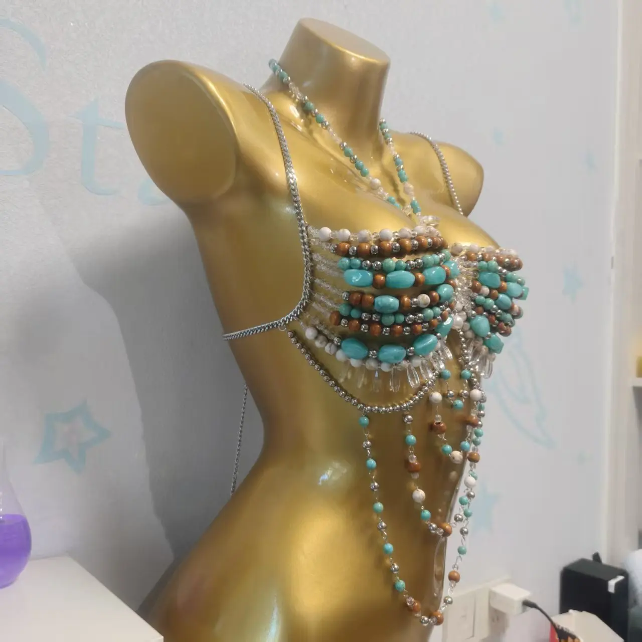 European hand-woven stone beaded halter bra Chain camis tops sexy backless wide layer tassel bikini crop bra top body jewelry