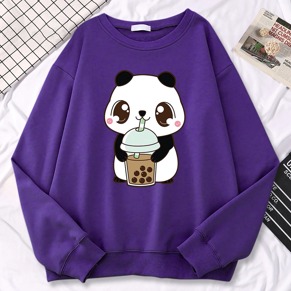 Casual Simple Women Pullovers Baby Panda Drinking Milk Tea Printing Hoodies Crewneck Soft Sweatshirt Fleece Warm Female Clothes