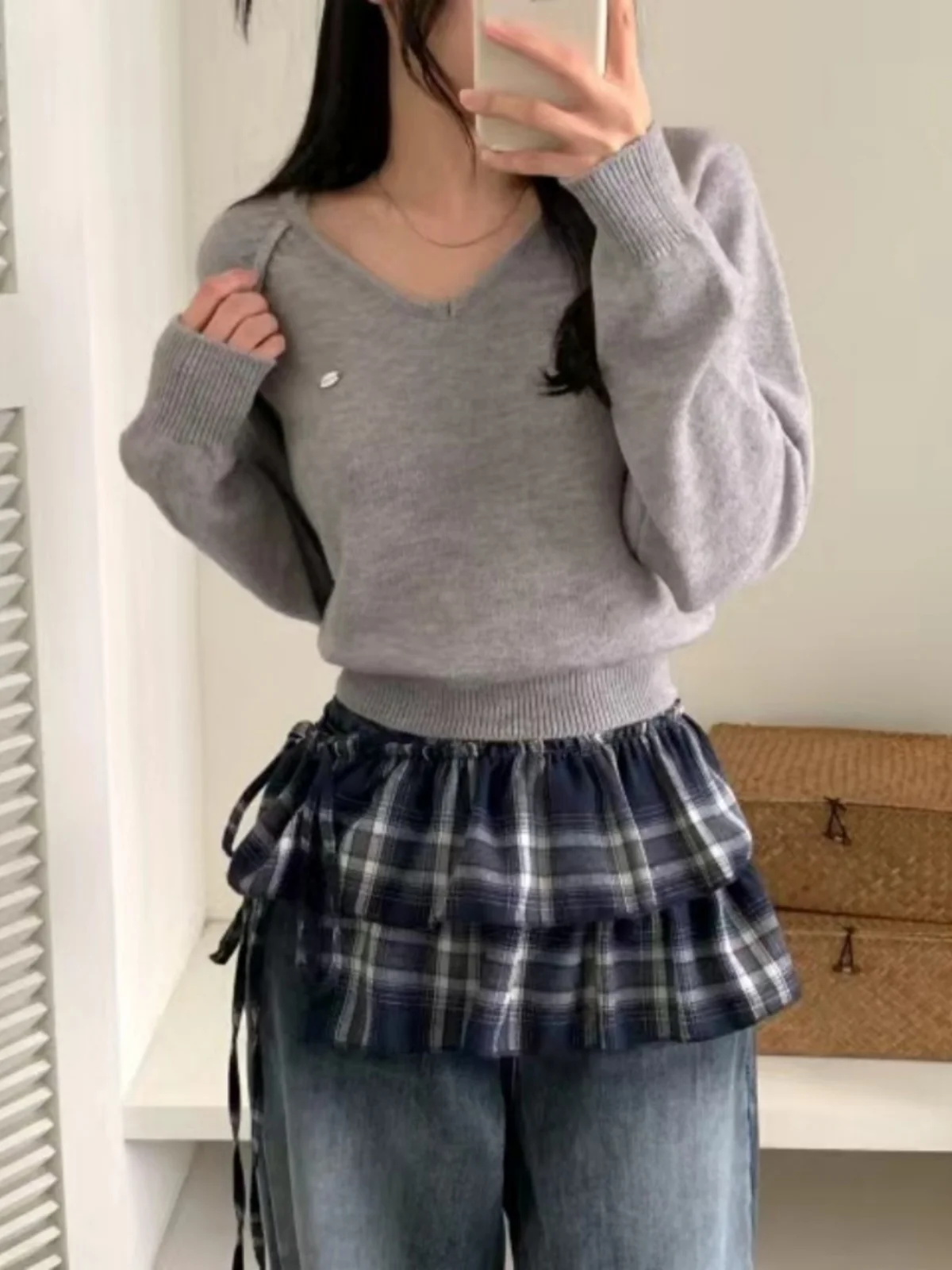 

Корейская клетчатая юбка с милым галстуком-бабочкой, женская весна 2024, юбка трапециевидной формы с высокой талией, модная юбка