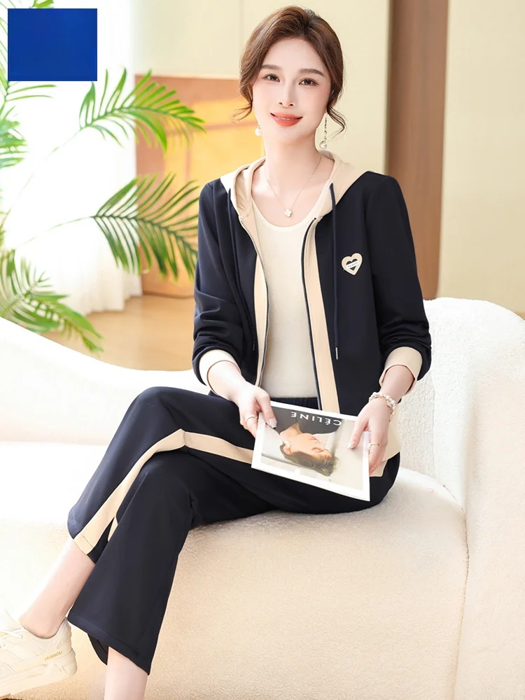 طقم Rn كاجوال بقلنسوة طويل مكون من قطعتين للأمهات الصغيرات للخريف من ألياف البوليستر فضفاضة بسحاب للإغلاق...