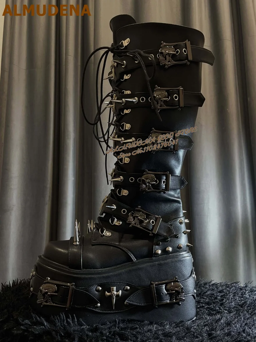 Gothic Women Knee High Platform Boots Black Spikes Cross Skull Rivets Decor Lace Up Dress Shoes Punk Wedged Cosplay Boots