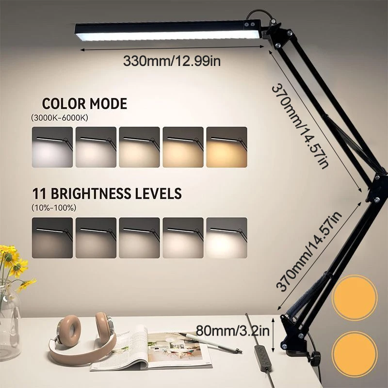 

LED Folding Desk Lamp Clip Lamp USB Plug In For Study Bedroom Dorm Room Guest Studio Tri-color Dimmable Convenient Lighting
