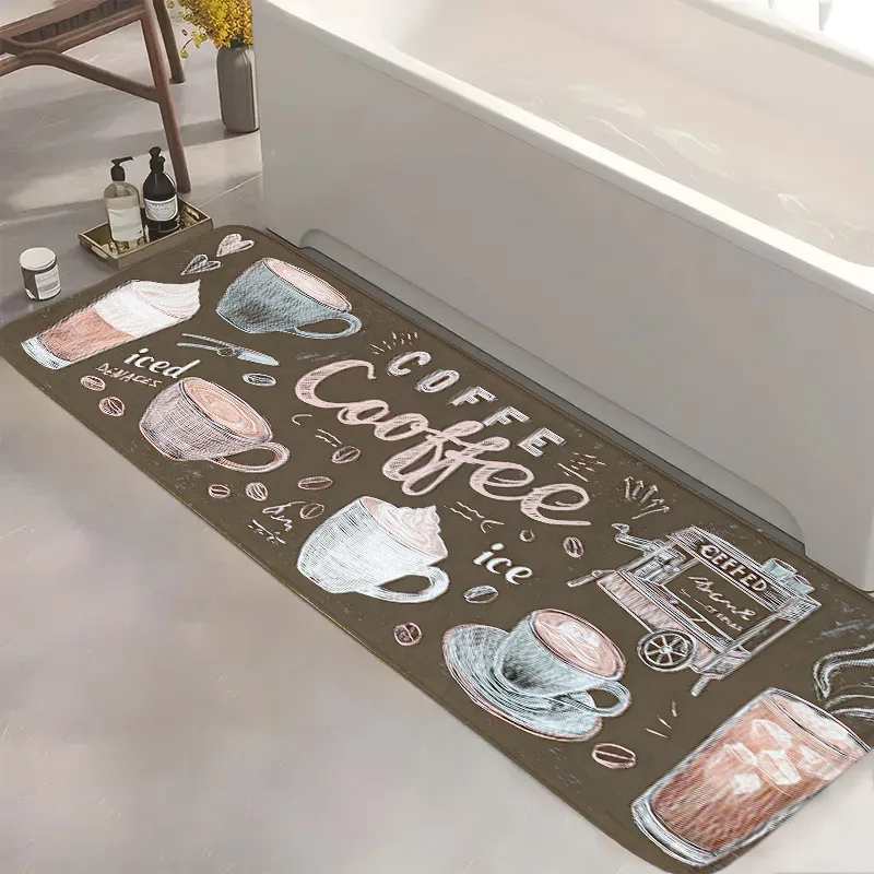 Dark Background Coffee Cup Sketch Long Bathroom Runner Mat Anti Slip Absorbent Floor Rug Coffee Bar Kitchen Shower Room Decor