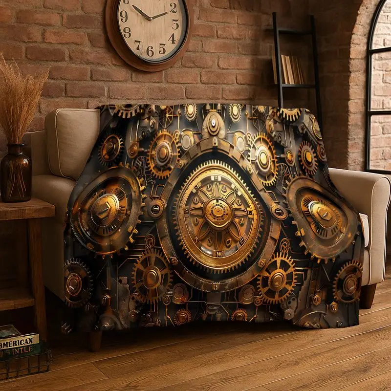 Retro Gears Mechanical Cogs Flannel Blanket Soft Warm Throw Blanket for Bedroom Living Room Bed Travel Camping Picnic Cover Gift