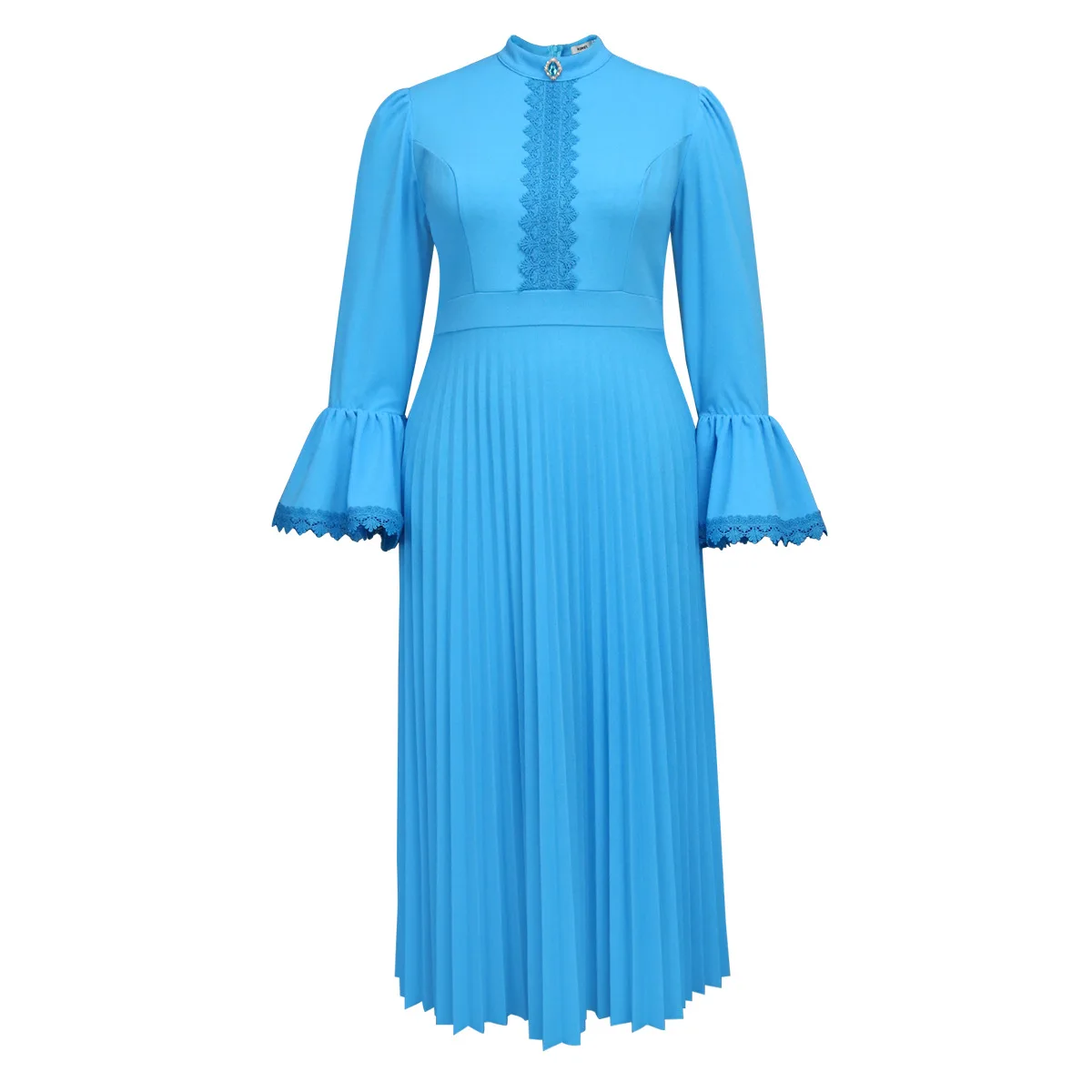 

Elegant Pleated Long Formal Evening Dress With Long Sleeves Blue