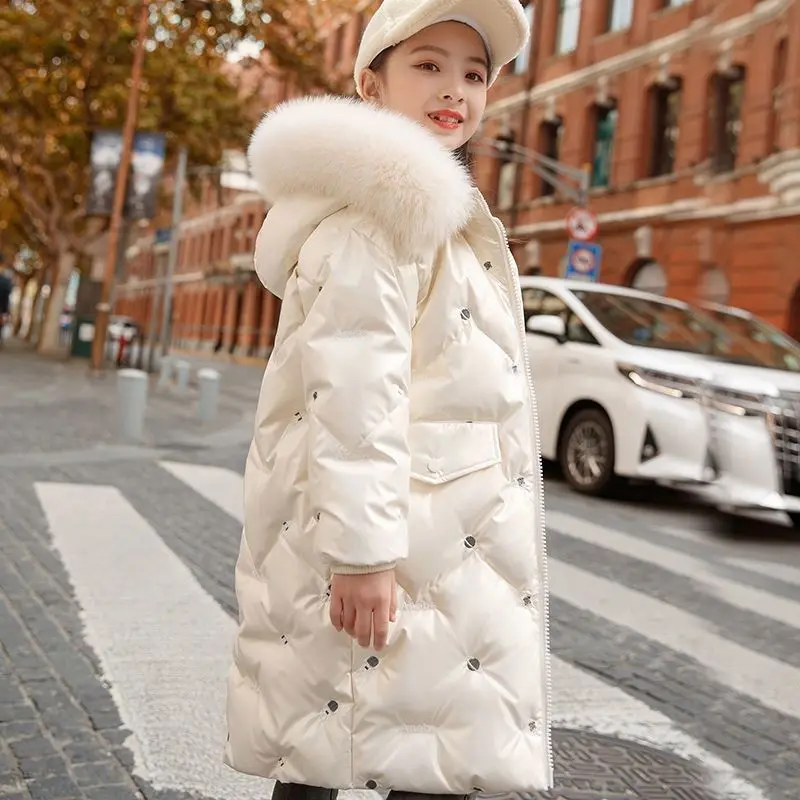 

4-10 Y Winter Thick Cotton Coats For Girls Waterproof Fur Collar Hooded Jackets Kids Outerwear Clothing Teenage Parka Snowsuit