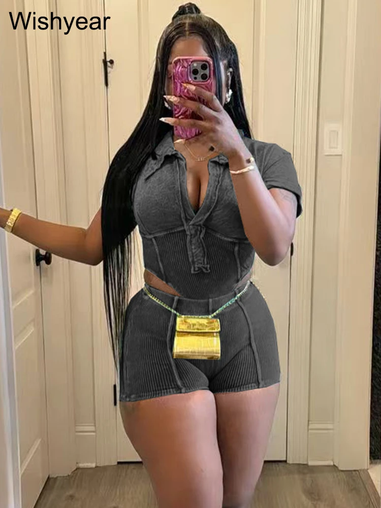 Summer Green Two 2 Pieces Women‘s Set Lapel Collar Short Sleeve Crop Top and Shorts Beach Club Outfits Fitness Slim Sportswear