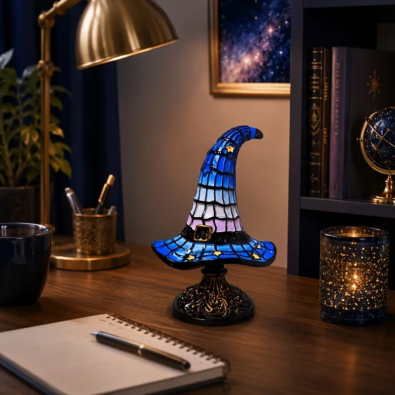 Halloween colored glass witch hat resin desktop statue ornament, handmade mosaic blue colored night light statue, witch hat decoration ornament,
