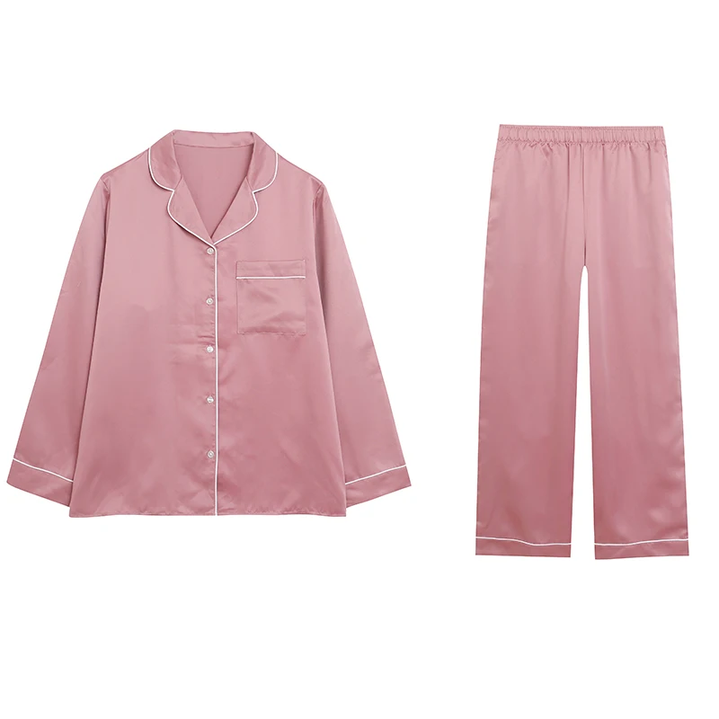 

Elegant Sweet Simulated Silk Long Sleeve Single Button Straight Leg Long Pants Sleepwear Set Home Comfortable Spring Outfit