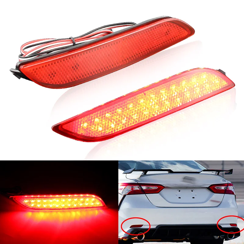 

For 2018-up Toyota Camry Red LED Rear Bumper Reflector Lights, Function as Tail, Brake Rear Fog Lamps and Turn Signal Light