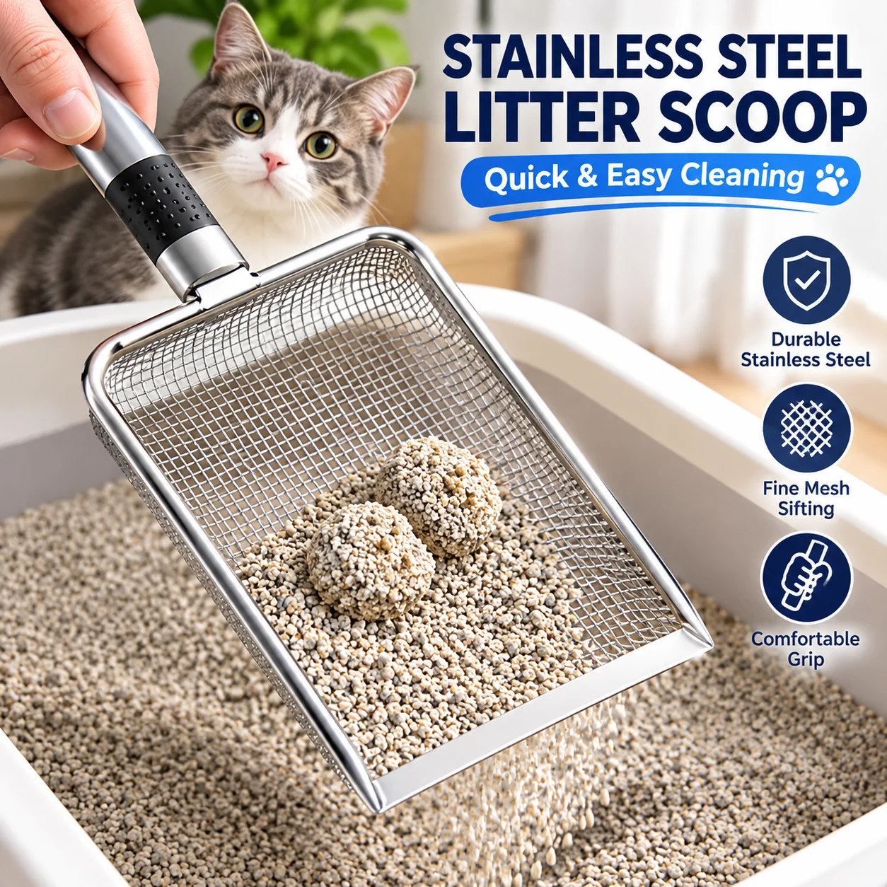 1/3PCS Cat Litter Scoop Stainless Steel Fine Mesh Shovel Metal Pet Poop Scooper Sifter Fast Sifting Litter Box Cleaner