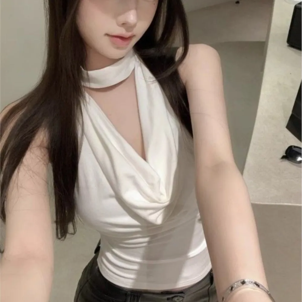 Sexy Halter Neck Backless Strap Pleated Vest For Women's