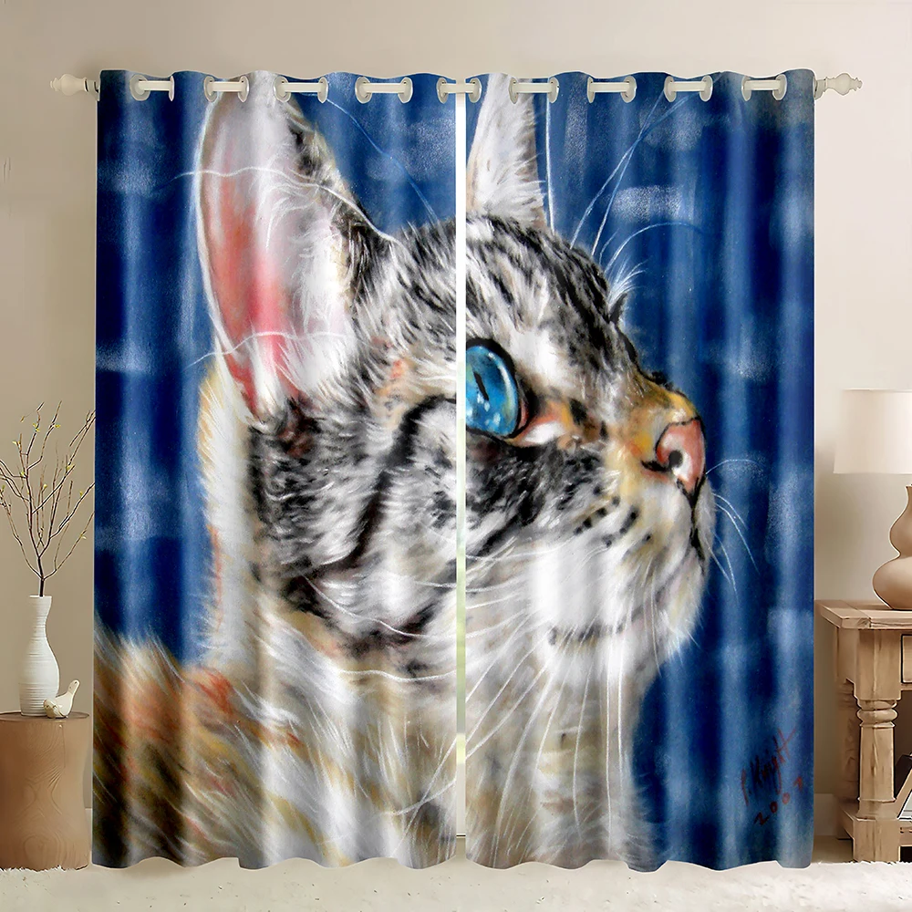 Cats Window Curtains Animals Oil Painting American Shorthair Cat Blue Eyes Pattern Pet Cat Kitten Decor Blackout Curtains