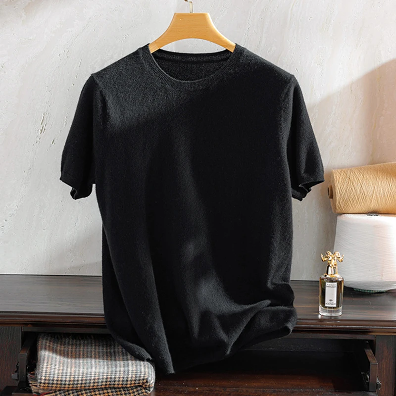 Men's Clothing Superfine Cashmere Knitted O-neck T-shirt for Short Sleeve Tee Trend Leisure Thin Style Undershirt Tops