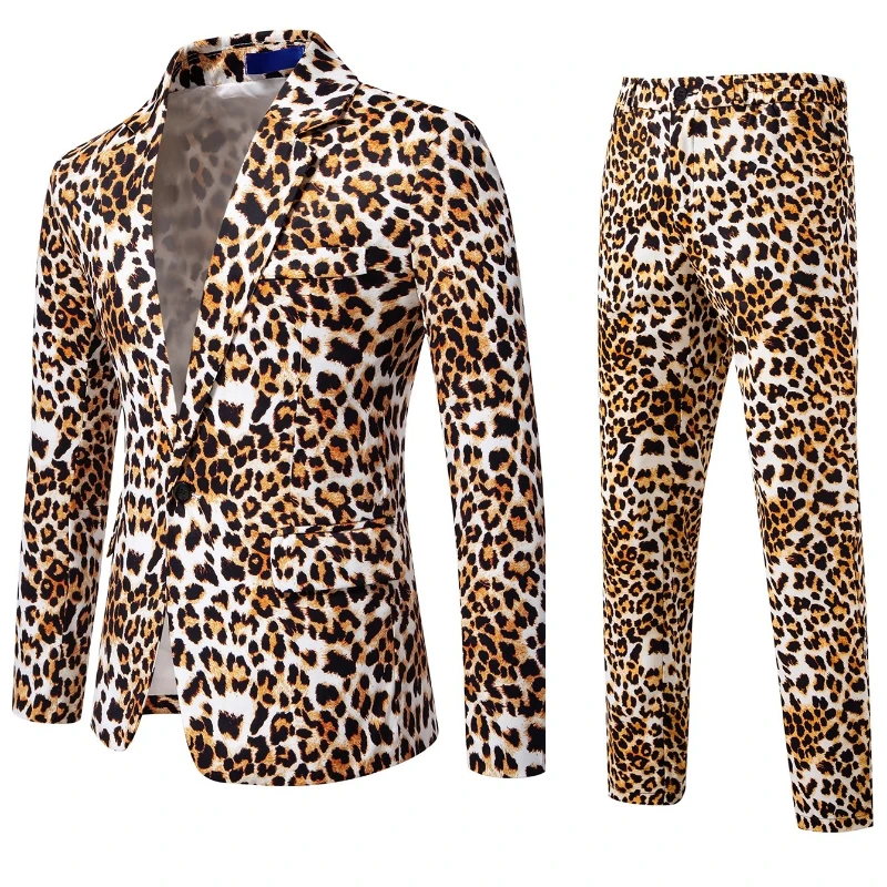 2026 Yellow Digital Print Leopard Print Suits Set for Men,Leopard Print Fashion Casual Slim-Fit Men's Blazer + Pants 2-Piece Set