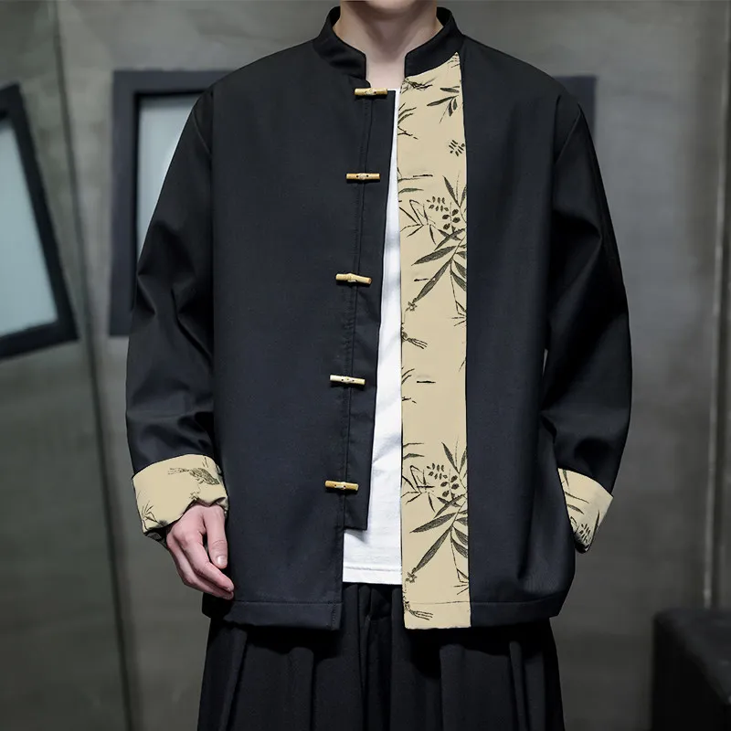 

Retro Artistic Large Size Bamboo Le Print Color Blo Jaet Loose Men's Outerwear Autumn Season Casual Sling