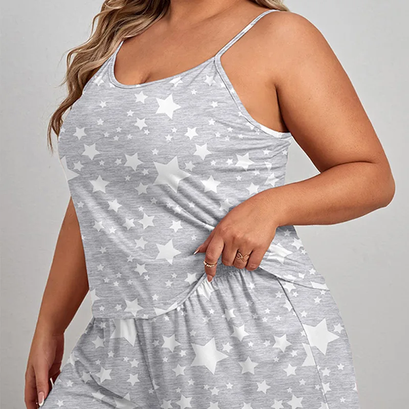 Plus size estrela impressão conjunto de pijama feminino sem mangas o pescoço colheita topo & cintura elástica shorts 2 peças feminino cinza pijamas