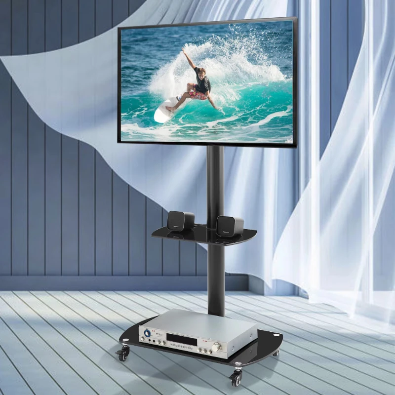 Height Angle Adjustable Modern Design Living Room Multifunctional Tempered Glass Metal Frame Floor Type Lockable Wheel Mobile