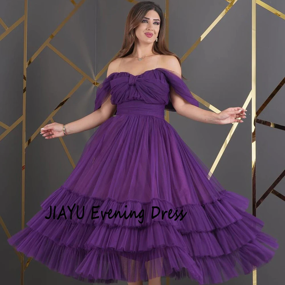 Customized Purple Tulle Off the Shoulder Evening Dress Ruched Ruffles A-line Party Dresse Backless Draped Tea-Length Prom Gown