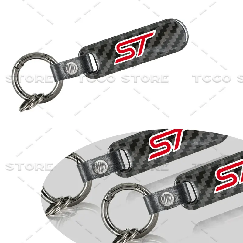 1Pcs Car Carbon Fiber Decor ST Logo Emblem Zinc Alloy Keyrings Keychain Pendant For Ford Focus Fiesta Edge Kuga