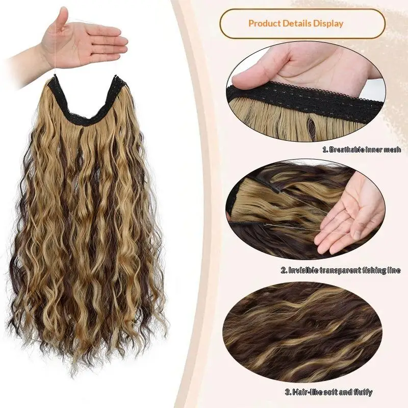 Long Synthetic Fishing Line Hair Extensions Elegant Water Wave Curly Styles For Women Lightweight Fluffy-Looking Hairpiece