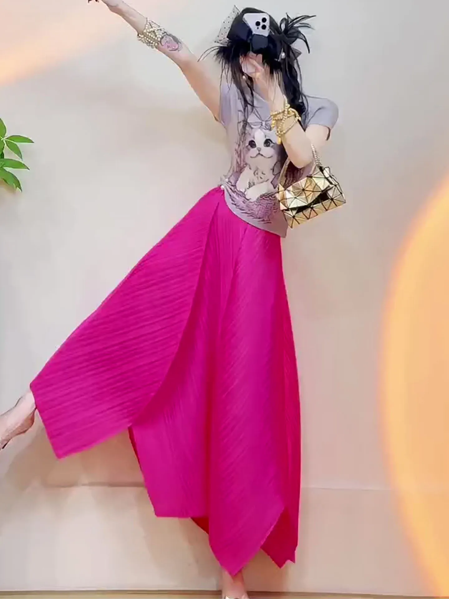 

Summer Purple Print Top And Pink Half Skirt Pleated Set Korean Style Three Houses Artistic Polyester Short Sleeve round Neck