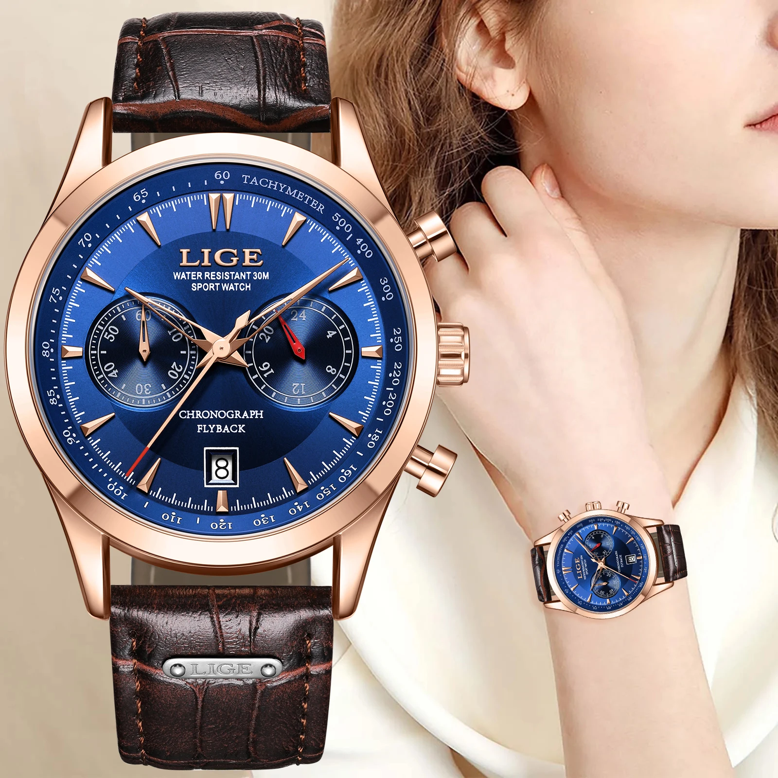 LIGE-Montre de luxe en or pour femme, marque supérieure, mode classique, étanche, sport, quartz, + boîte