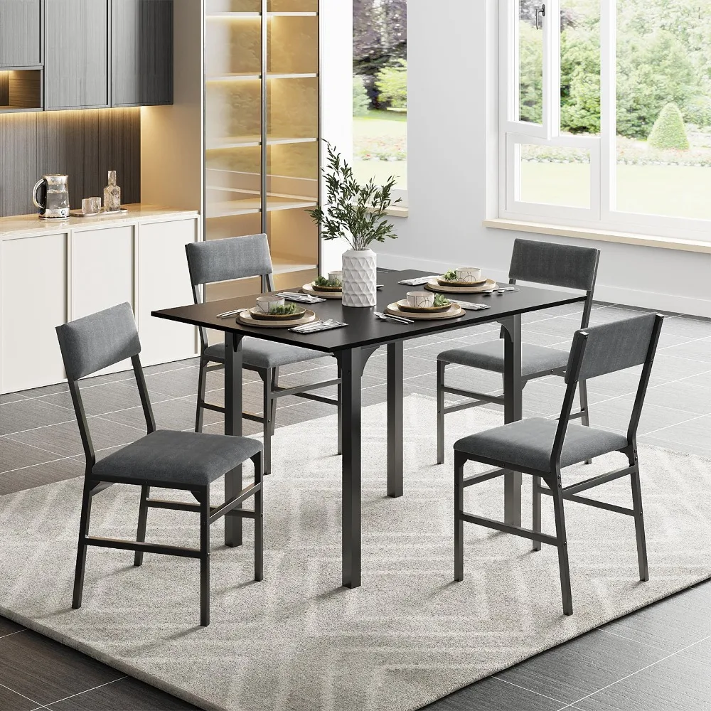 Juego de 4 sillas con cojín para mesa de cocina extensible, mesa de comedor rectangular con estructura de metal y tablero de MDF, plegable