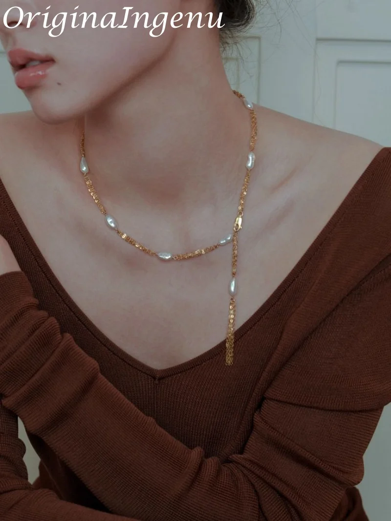 

925 Silver/14K Gold Filled Organic Baroque Pearl Necklace Handmade Tassel Pendants Tarnish Resistant Hypoallergenic Necklace