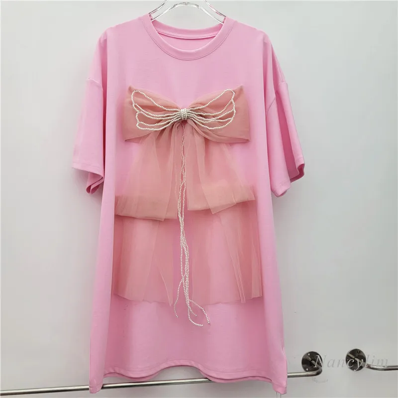 โบว์ตาข่ายSplicingเสื้อยืดแขนสั้นผู้หญิง 2025 ฤดูร้อนใหม่เกาหลีรุ่นหลวมยาวขนาดใหญ่Tshirt