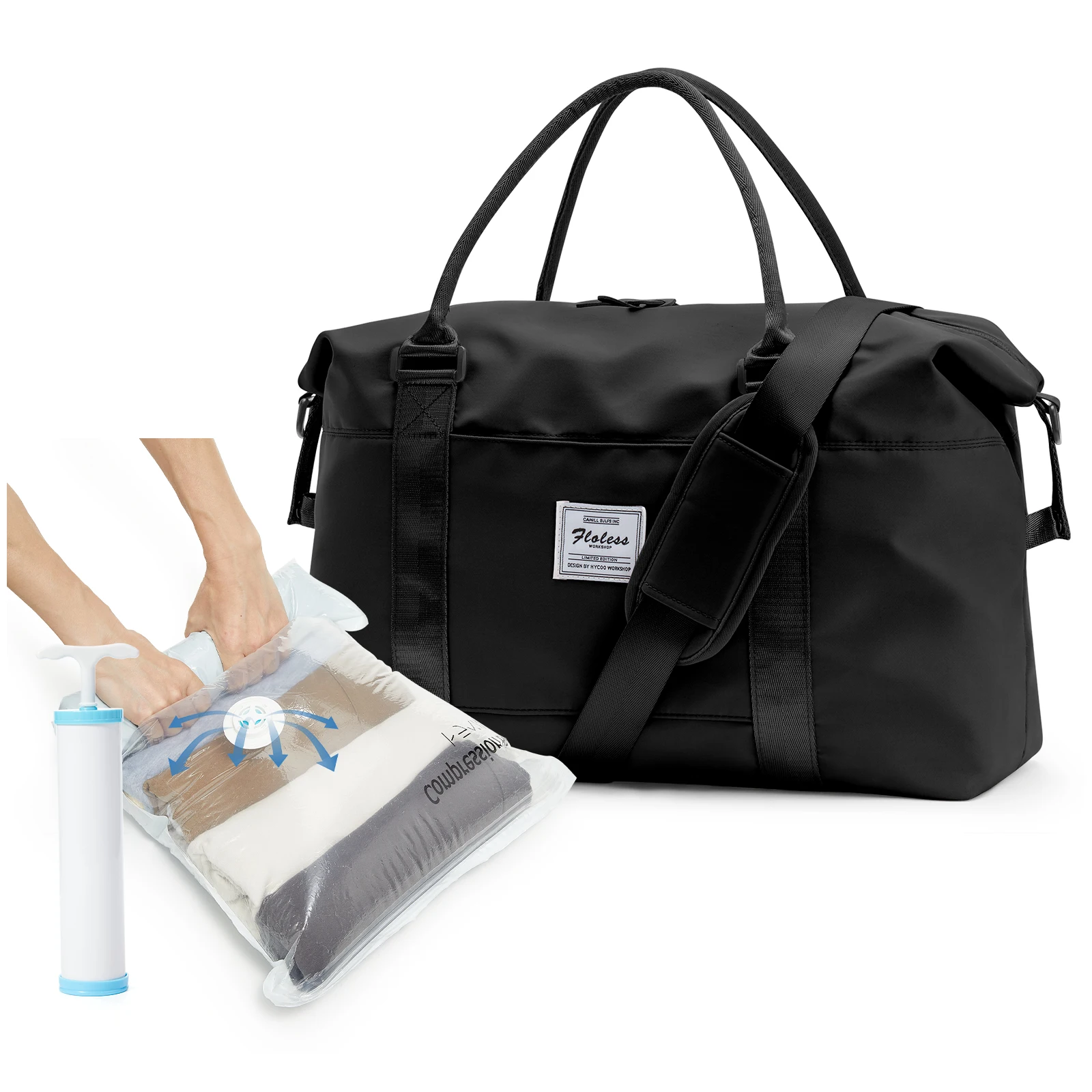 

Large Capacity Foldable Travel Bag Hiking Bag with Vacuum Bags Manual Compression Pump,Storage Bags, Luggage Overnight for Women