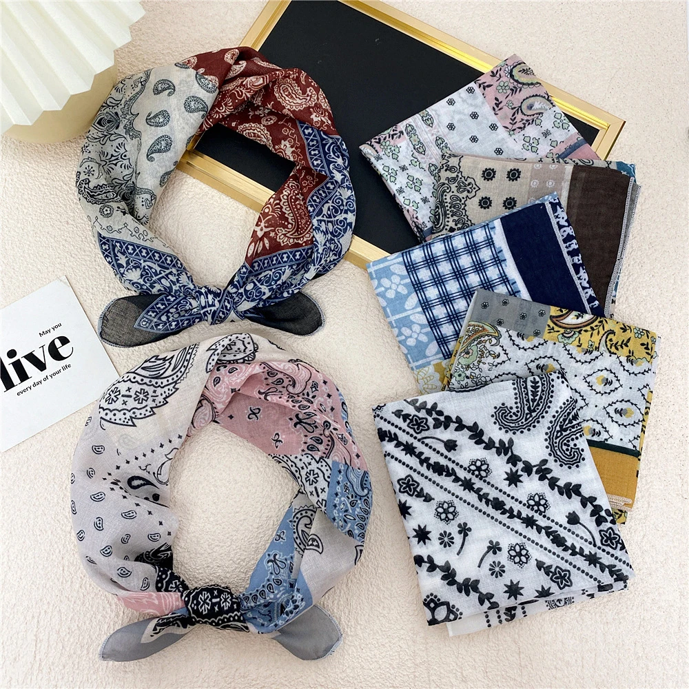 Vintage Floral Printed Square Scarf Cotton Linen Flower Scarves Turban Retro Bandanas Neckerchief Women Fall Bag Scarves