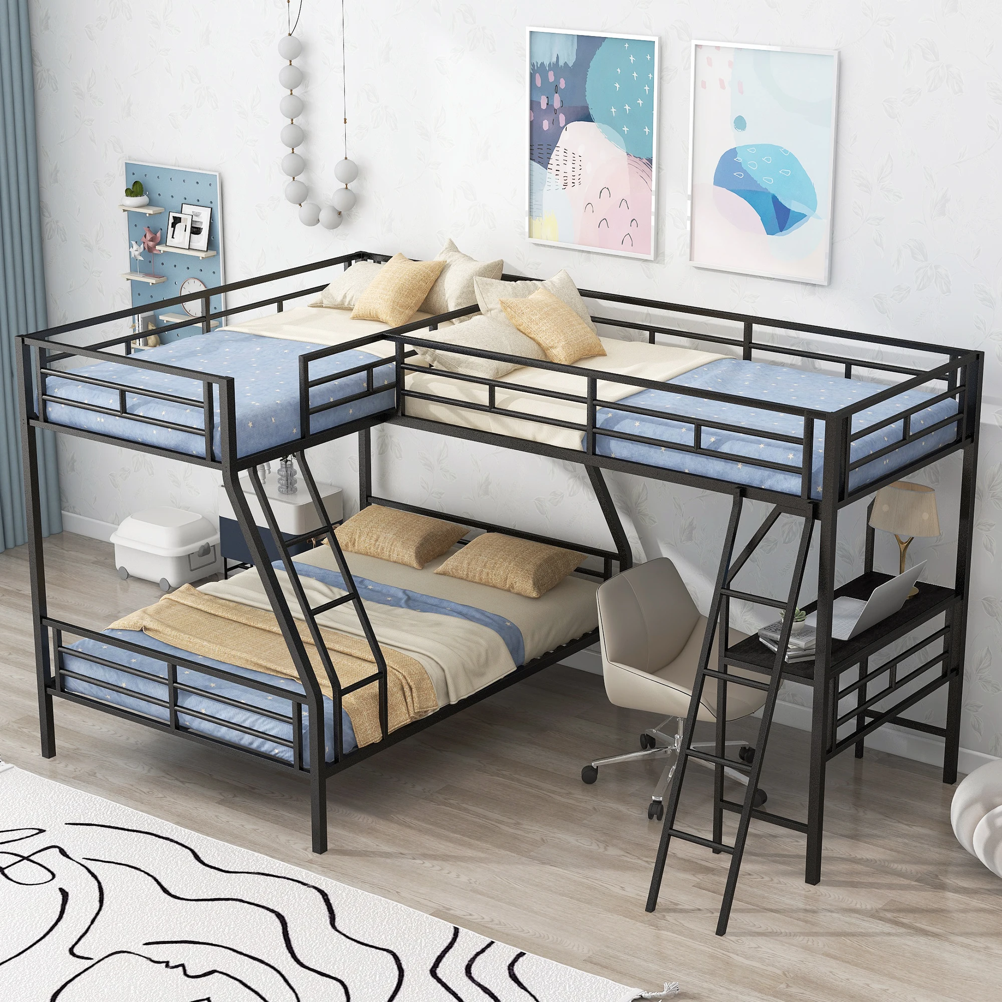 Twin Over Full Bunk Bed with Attached Twin Loft Bed and Desk, Black - Ultimate Space Saver 117.30x78x67 in.