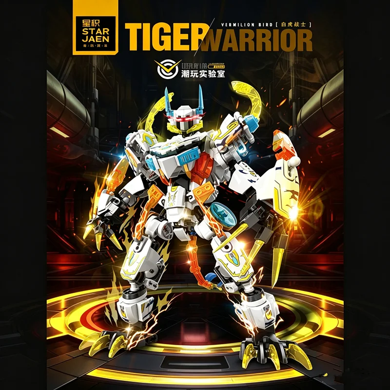 Transformable White Tiger Mecha Building Blocks Set Dual Switchable Forms MOC Robot Bricks Flexible Articulated Joints Desktop D