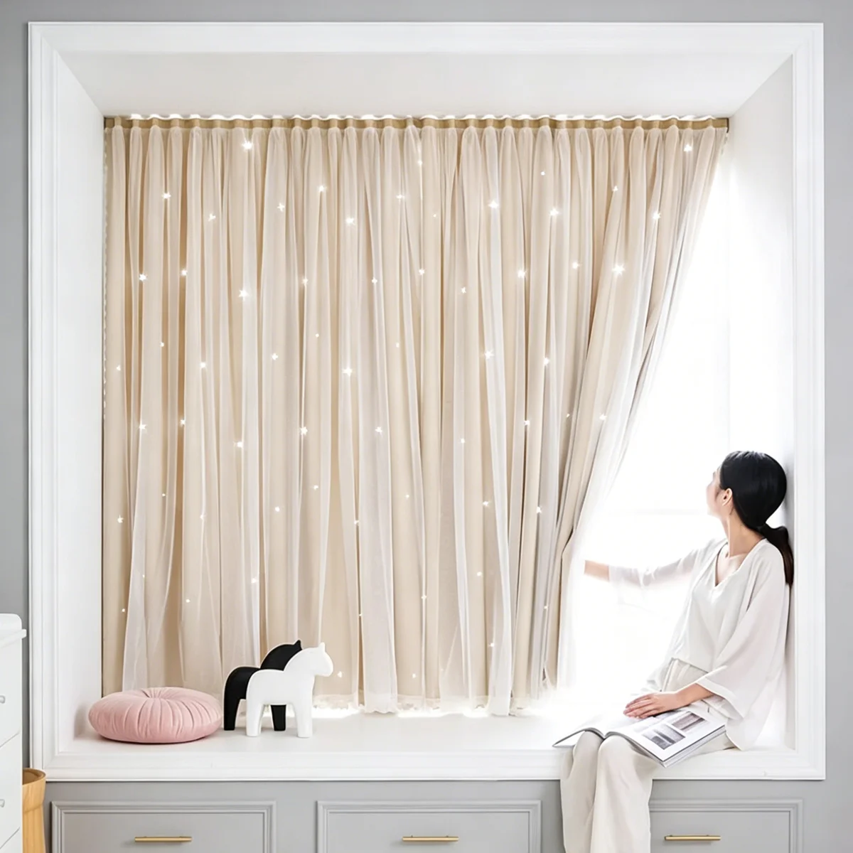 Beige Double‑Layer Hollow Star Magic Tape Curtains 2pcs, Self‑Adhesive Light Filtering Drapes for Bedroom Living Room