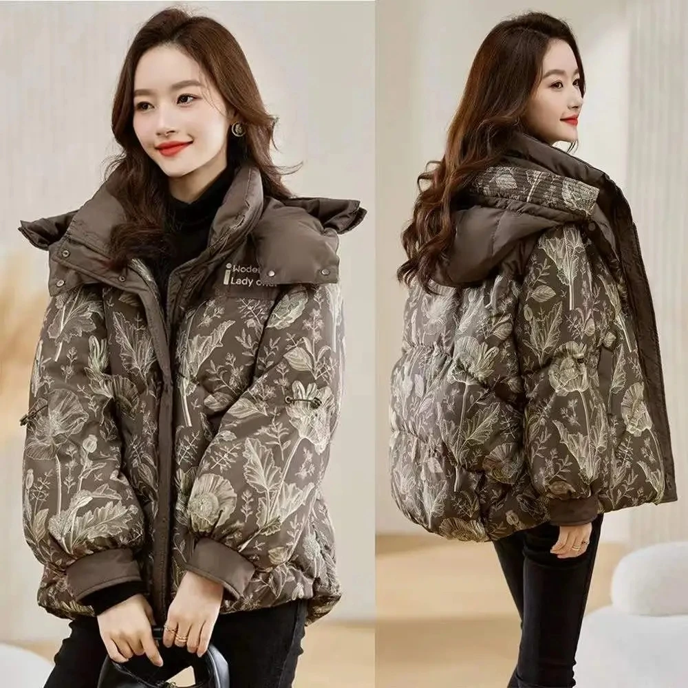 Mulheres com capuz solto parkas longo impressão acolchoado casacos para baixo jaqueta de algodão, feminino engrossar outerwear roupas de inverno