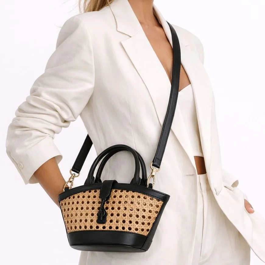 

Модная сумка-корзина из искусственного ротанга, плетеная женская сумка, роскошная сумка через плечо из искусственной кожи, летняя пляжная маленькая сумка-тоут