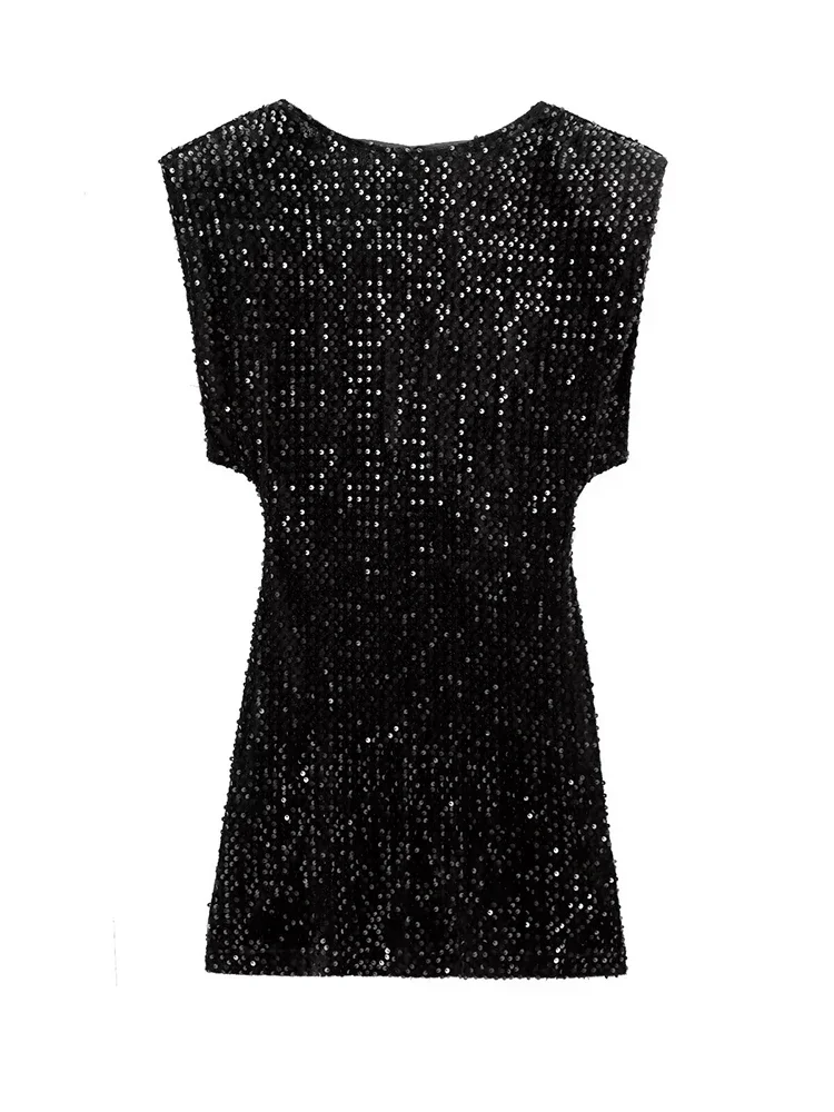 

Willshela Women Fashion With Sequined Black Backless Zipper Mini Dress Vintage O-Neck Sleeveless Female Chic Lady Dresses