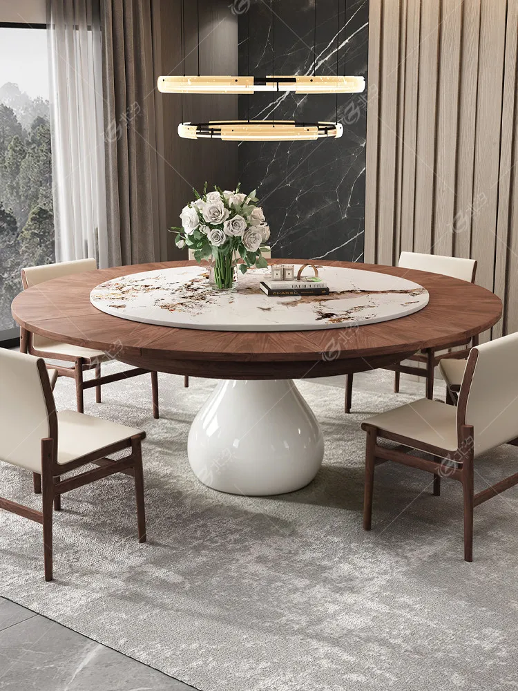 Retractable expansion round table deformation dining table rotation becomes larger high-end marble vase dining table