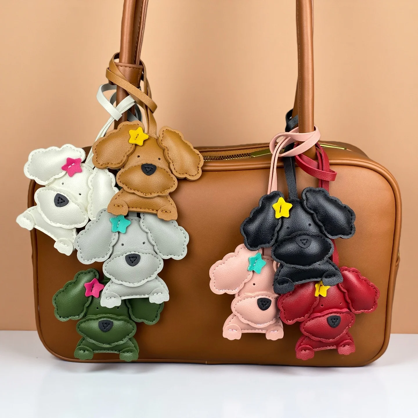 Cute Wavy-Eared Teddy Dog PU Leather Bag Charm, Teddy with Bow/Star Curly Hair Clip, Puppy Purse Accessory, Pet Teddy Charm