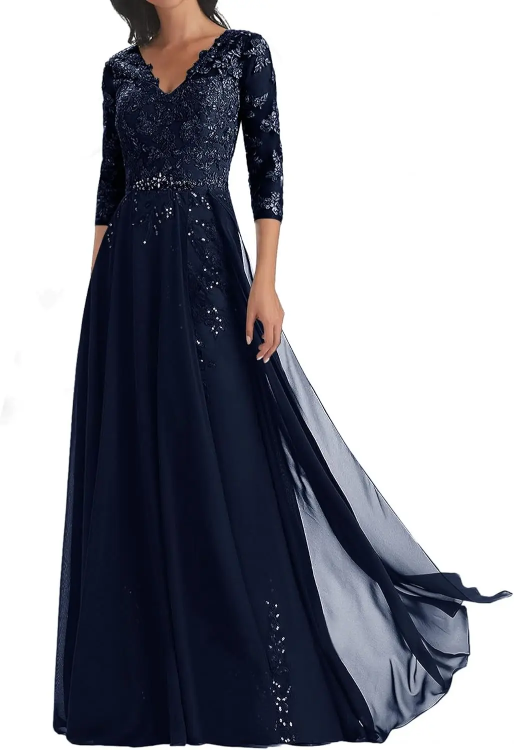 

Mother of The Bride Dresses Long Sleeve Lace Formal Gowns V Neck Chiffon Evening Dress