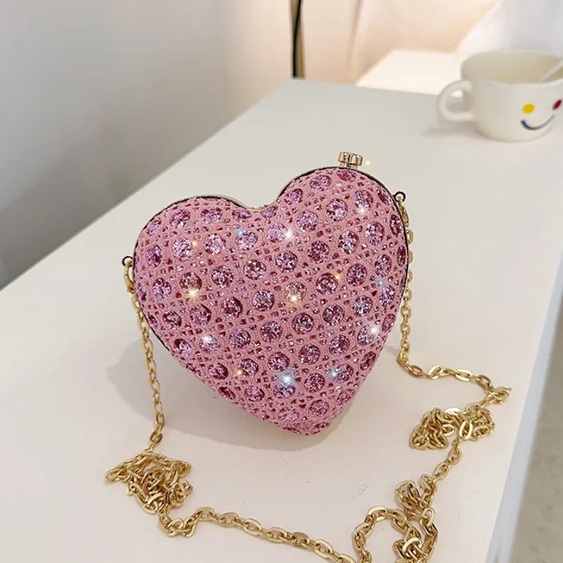 

Evening Heart Bags for Women 2024 New Sparkle Diamond Handbag Party Luxury Small Purse Chain Fashion Shell Shoulder Bag Ladies