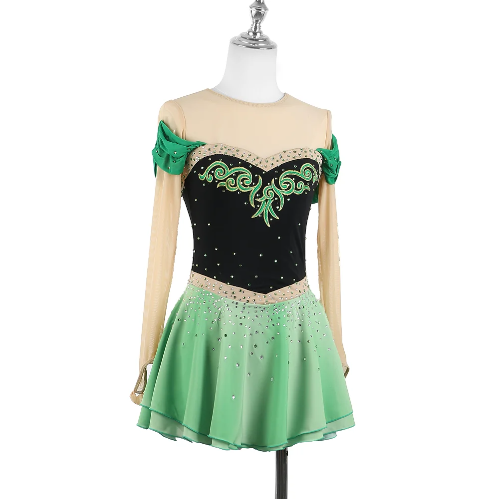 Zagitova Figure Skating Dress For Women Girls Ice Skating Skirt Performance Competition Green Gradient Frozen Princess Anna